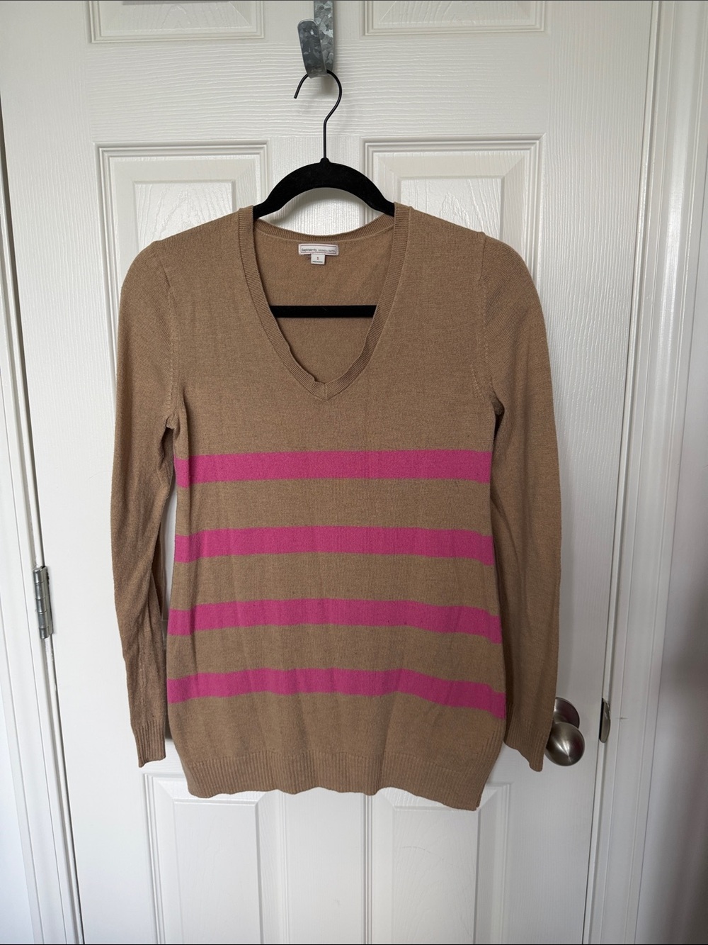GAP Tan V-Neck Sweater with Pink Stripes